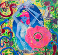 a painting of a woman holding a sword and a flower