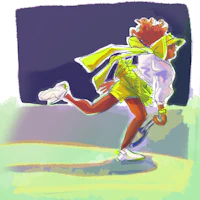 a woman is running with a tennis racket