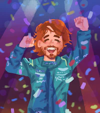 a cartoon of a man with red hair and confetti