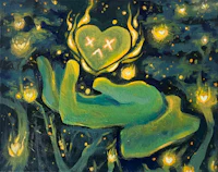 a painting of a hand holding a heart in the forest