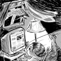 an illustration of a woman using a computer at night